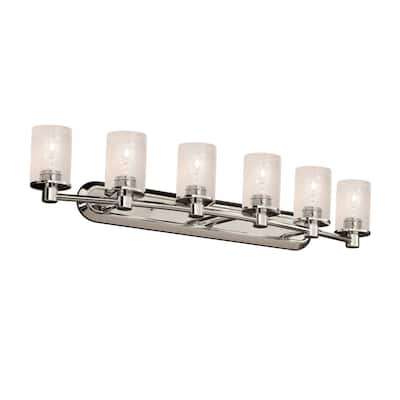 Justice Design Fusion Rondo 6-light Brushed Nickel Bath Bar, Seeded Cylinder w/ Flat Rim Shade