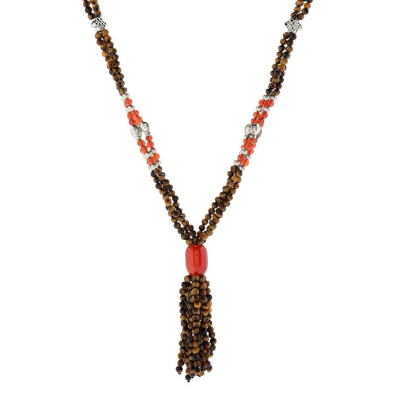 Sterling Silver 28" Lapis & Red Agate Beaded Tassel Necklace