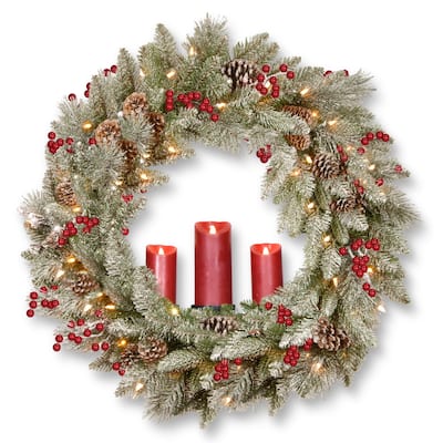 National Tree Company 3 ft. Battery-operated Snowy Bristle Berry Wreath with 3 Candles - Green - 36"
