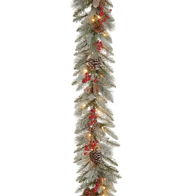 9 ft. Snowy Bristle Berry Garland with Clear Lights