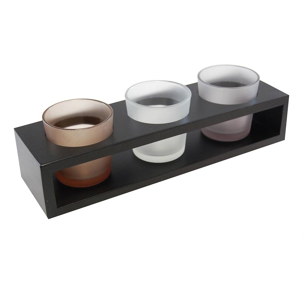 Black Wooden Trio Candle Tray with Three Glass Votive Holders