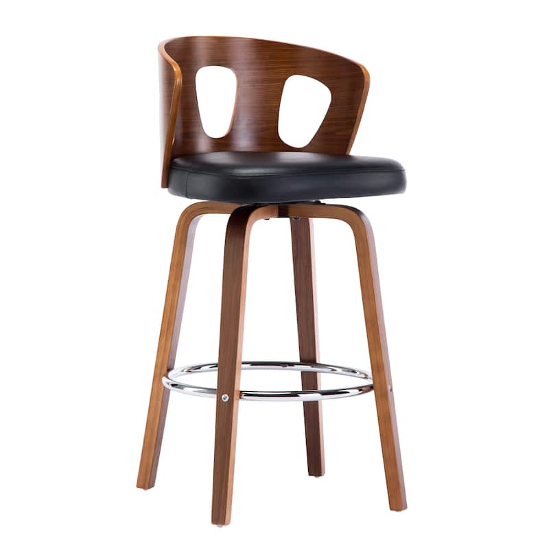 Mid-Century Black Faux Leather Wood Swivel Counter Stool