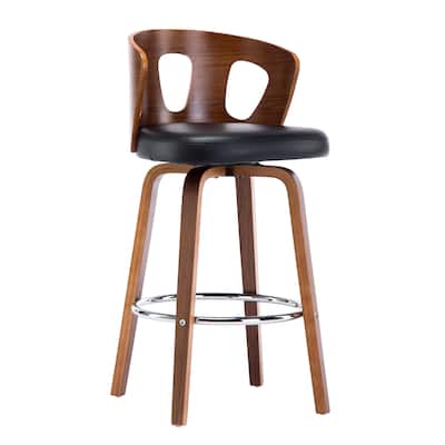 Mid-Century Black Faux Leather Wood Swivel Counter Stool
