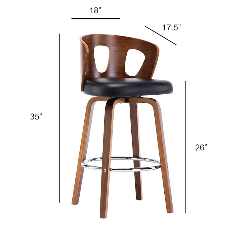 Mid-Century Black Faux Leather Wood Swivel Counter Stool