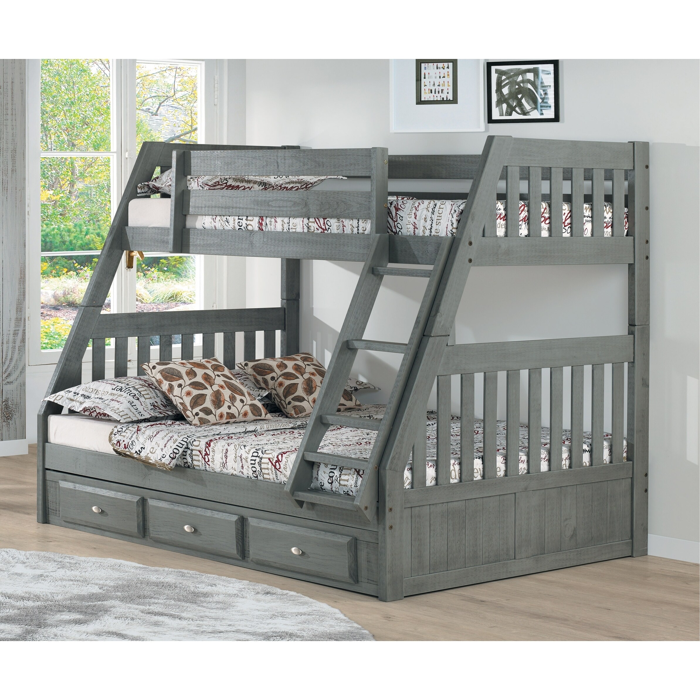Shop Solid Pine Twin Full Bunk Bed With Three Drawers In Charcoal