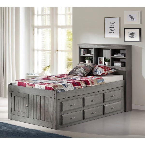 Solid Pine Charcoal Twin Bookcase Bed with 12 drawers - On ...