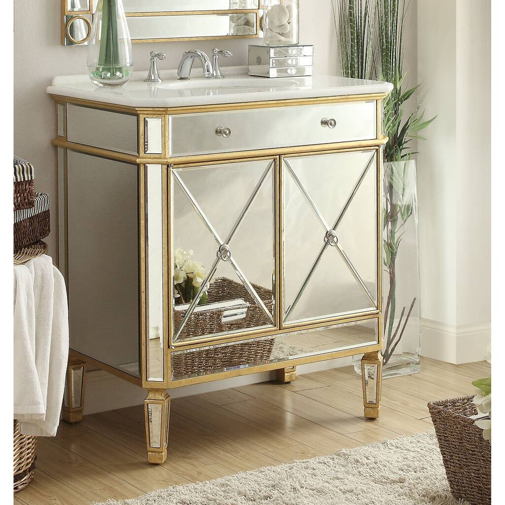 32" Benton Collection Austell Gold Mirrored Bathroom Vanity