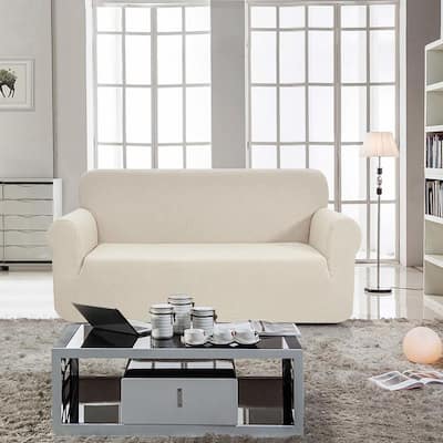 Enova Home Jacquard Polyester Spandex Box Cushion Ivory White Loveseat Sofa Slipcovers