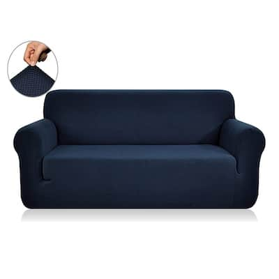 Enova Home Jacquard Polyester Spandex Box Cushion Dark Blue Loveseat Slipcovers