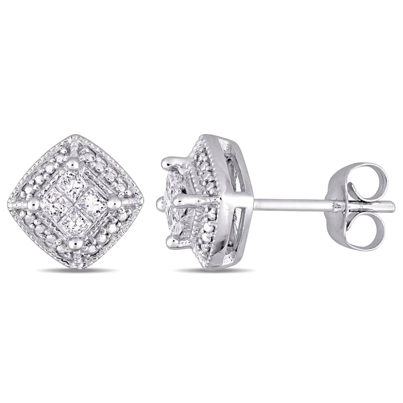 Miadora 10k White Gold 1/4ct TDW Princess-Cut Diamond Quad Halo Stud Earrings