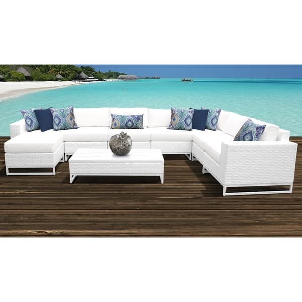 Navy Ottoman.All-Weather Miami White Wicker Powder Coated Aluminum Frame Feet Levellers Navy Ottoman with Cushion