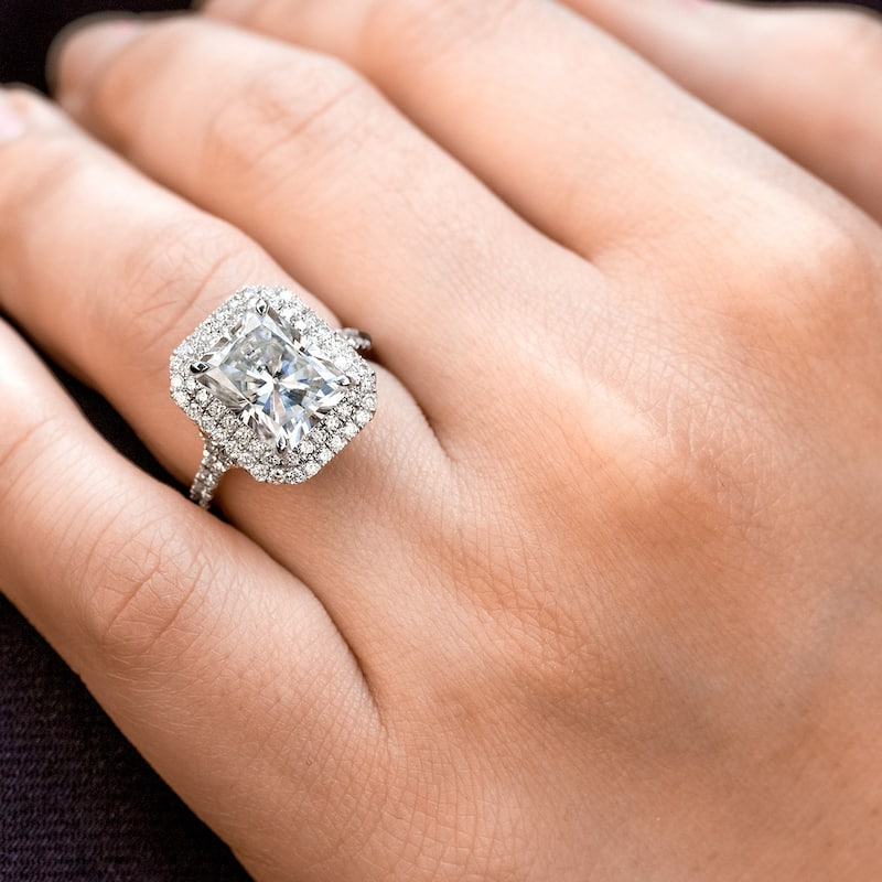 Kobelli 5 Carats Moissanite & Natural Diamond Solid 14k White Gold Double Halo Radiant Vida Ring