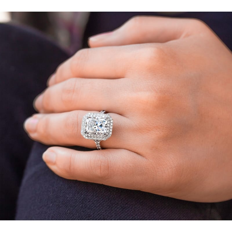 Kobelli 5 Carats Moissanite & Natural Diamond Solid 14k White Gold Double Halo Radiant Vida Ring