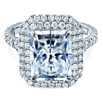 Kobelli 5 Carats Moissanite & Natural Diamond Solid 14k White Gold Double Halo Radiant Vida Ring