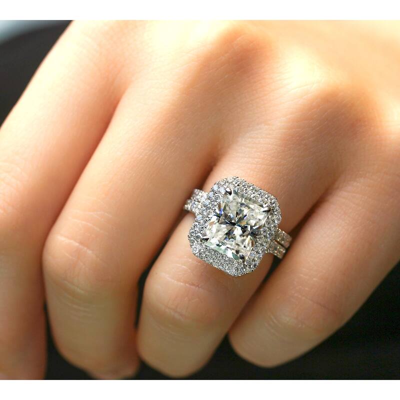 Annello by Kobelli 14k White Gold 5 1/2 Carats TGW Large Radiant Cut Forever One Moissanite Double Halo Diamond Bridal Set
