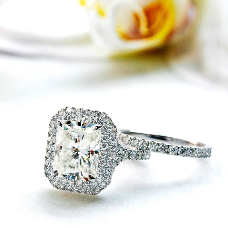 Annello by Kobelli 14k White Gold 5 1/2 Carats TGW Large Radiant Cut Forever One Moissanite Double Halo Diamond Bridal Set