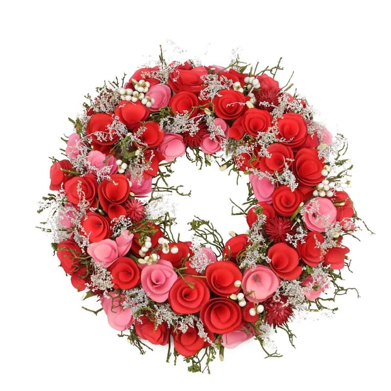 12" Pink and Red Flowers White Berries and Twig Artificial Spring Floral Wreath