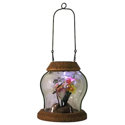 7" LED Lighted Solar Powered Outdoor Garden Lantern with Flowers