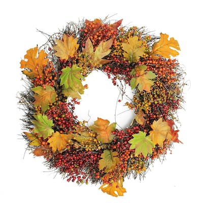 22" Autumn Harvest Maple Leaf & Berry Artificial Thanksgiving Floral Wreath - Unlit