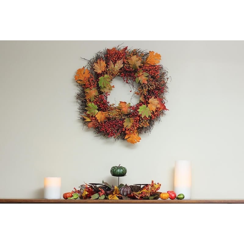 22" Autumn Harvest Maple Leaf & Berry Artificial Thanksgiving Floral Wreath - Unlit