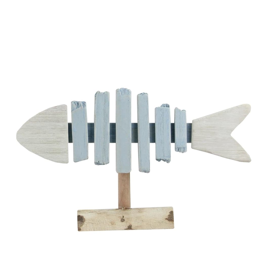 11.25" Cape Cod Inspired Rustic White and Blue Fish Bone Decoration