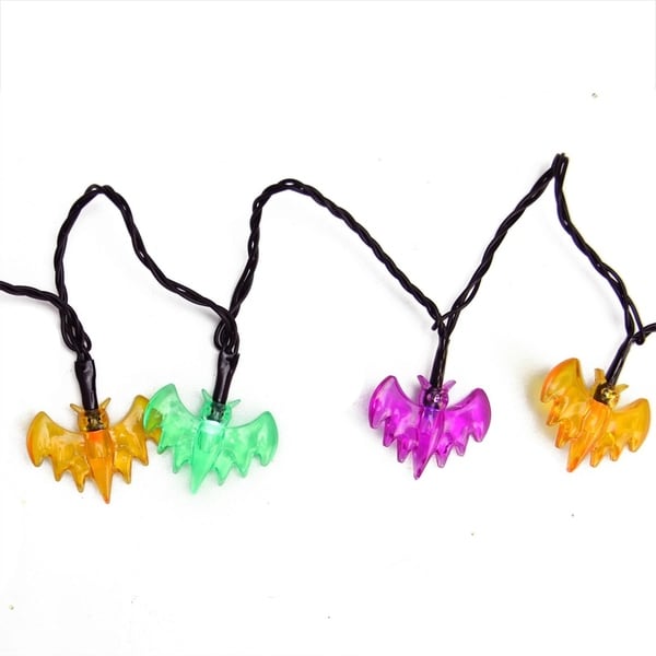 Set of 10 B/O Multi-Color Bat LED Novelty Halloween Lights - Black Wire