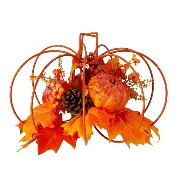 12" Autumn Harvest Orange Maple Leaf & Berry Thanksgiving Pumpkin Decoration