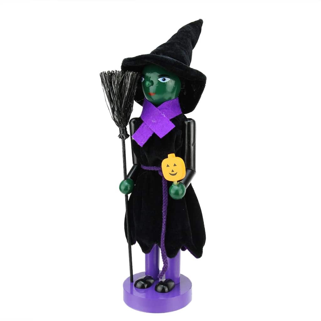 14" Black and Green Witch Jack-O-Lantern Halloween Nutcracker with Broom