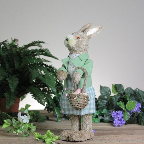 EASTER BUNNY RABBIT WITH GREEN METAL EGG PINK FLOWERS WALL DECORATION SPRING