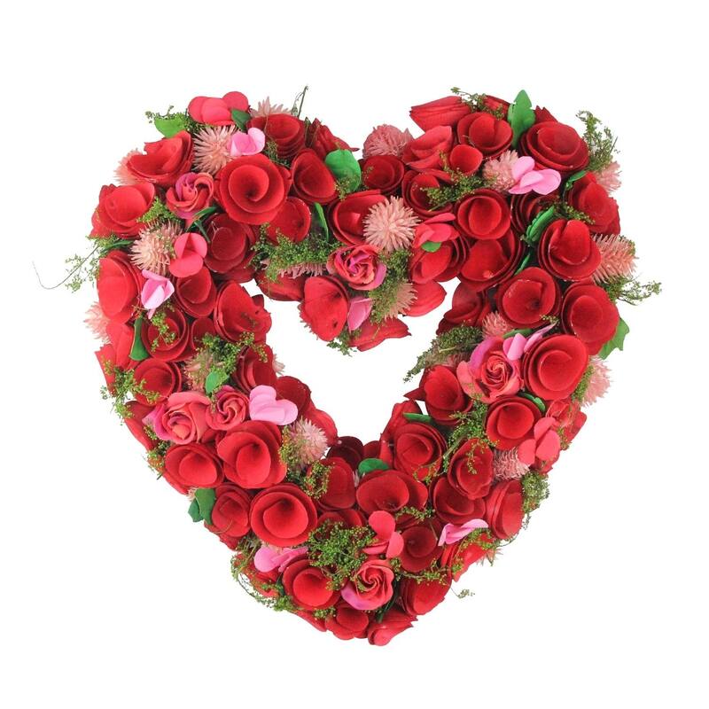 14" Red and Pink Valentine's Day Heart-Shaped Artificial Spring Floral Wreath