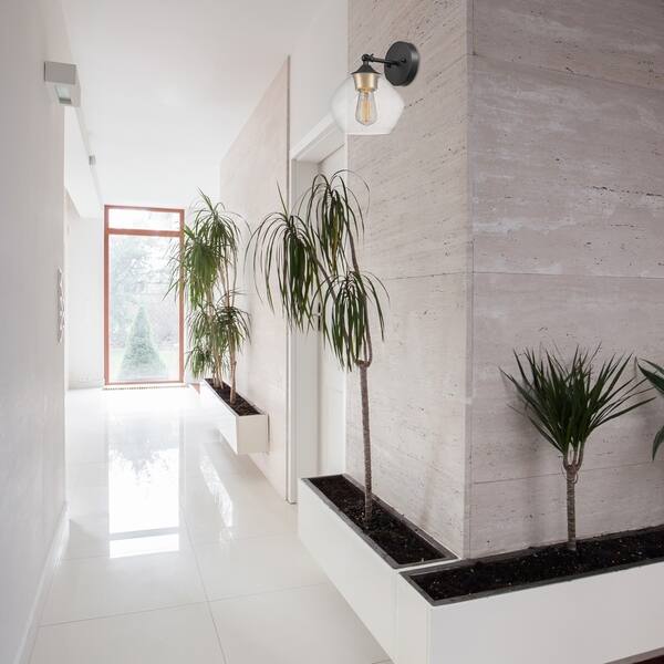 slide 1 of 9, Harrow 1-Light Matte Black Wall Sconce with Clear Glass Shade
