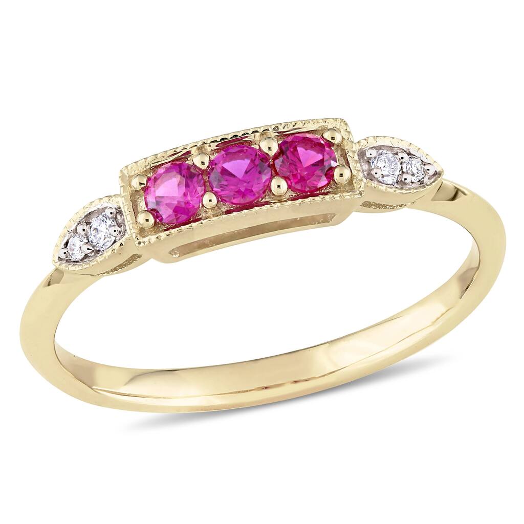 Miadora 10k Yellow Gold Blue Created Ruby and Diamond Bar Ring