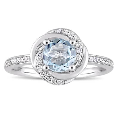 Miadora 10k White Gold Sky-Blue Topaz and 1/6ct TDW Diamond Swirl Halo Ring