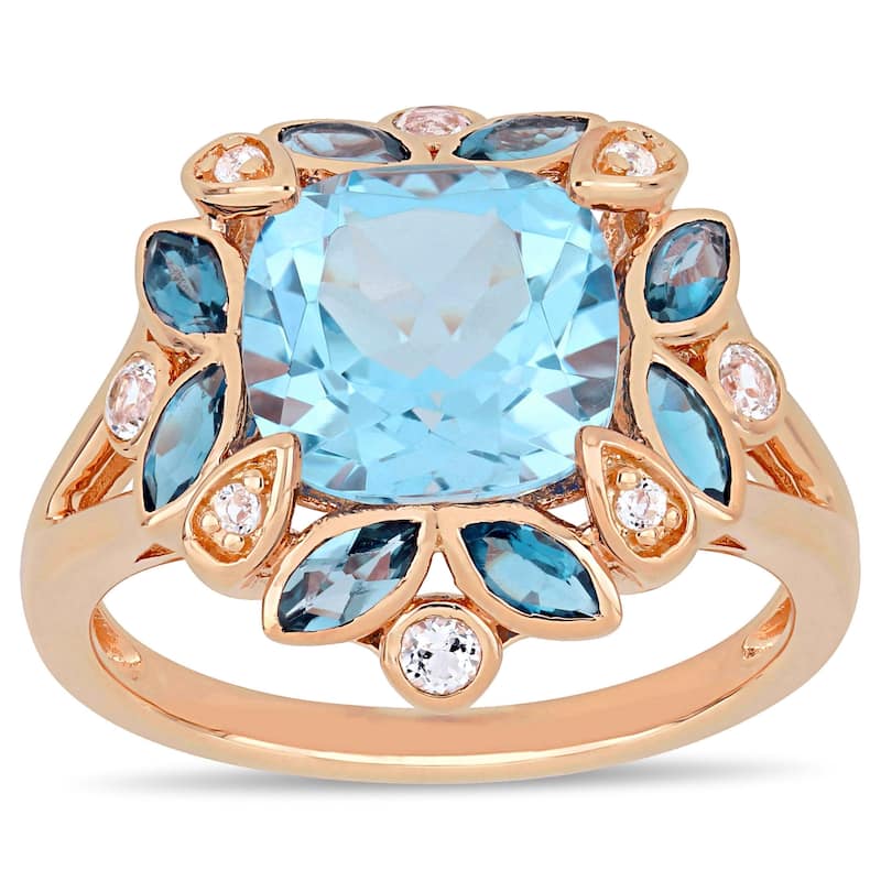 Miadora Rose Plated Sterling Silver Sky & London Blue Topaz with White Topaz Floral Halo Ring