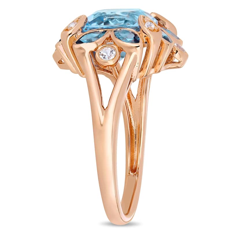 Miadora Rose Plated Sterling Silver Sky & London Blue Topaz with White Topaz Floral Halo Ring