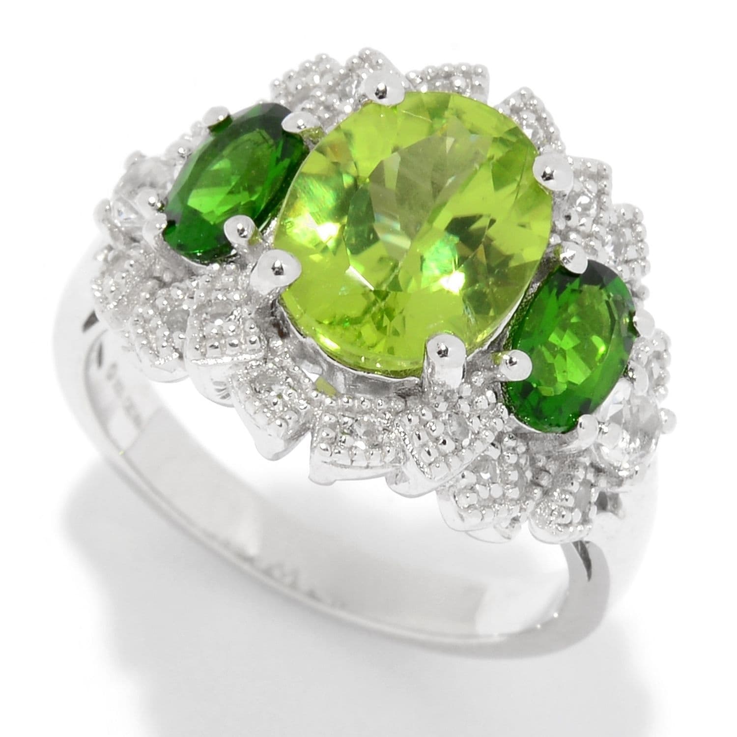 Pinctore Sterling Silver Peridot & White Topaz Fancy Halo Ring