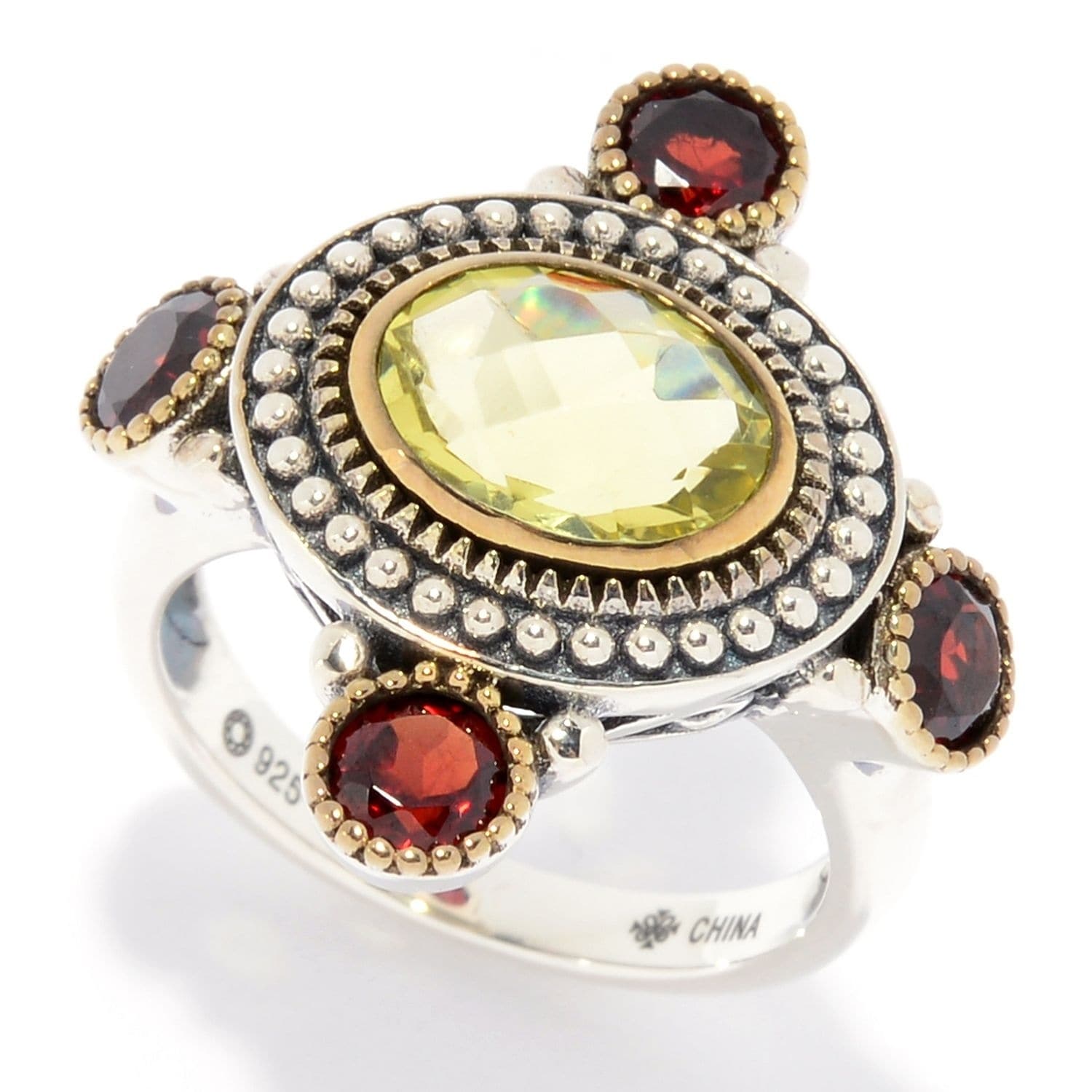 Pinctore Sterling Silver Oval & Round Ouro Verde Beaded Ring