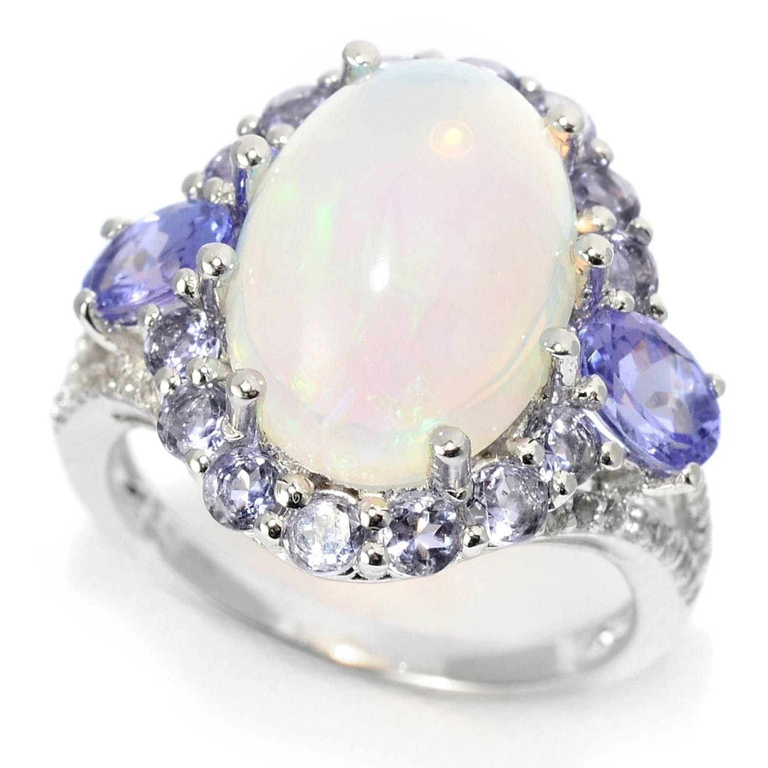 Pinctore Sterling Silver 14 x 10mm Ethiopian Opal & Multi Gemstone Halo Ring