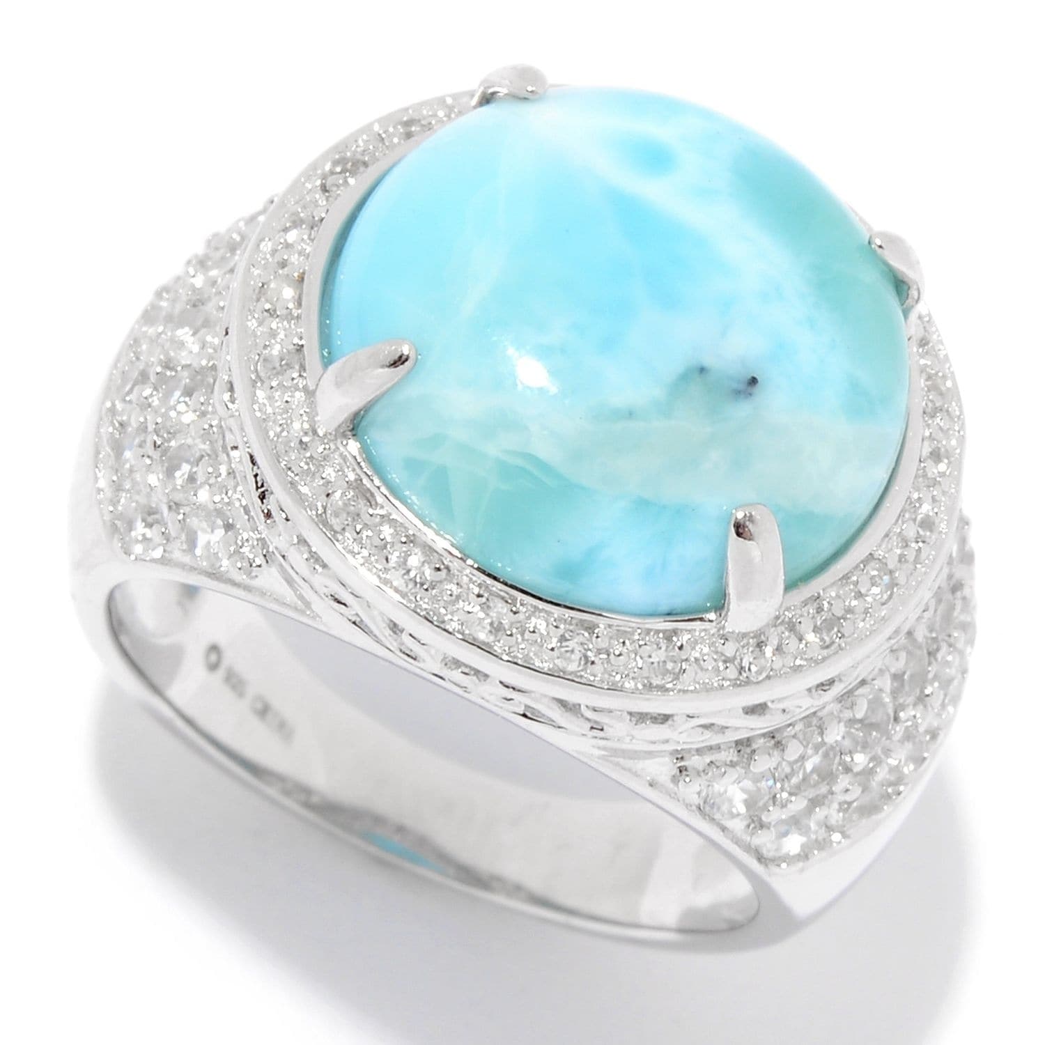 Pinctore Sterling Silver 13.5mm Larimar & White Topaz Halo Ring