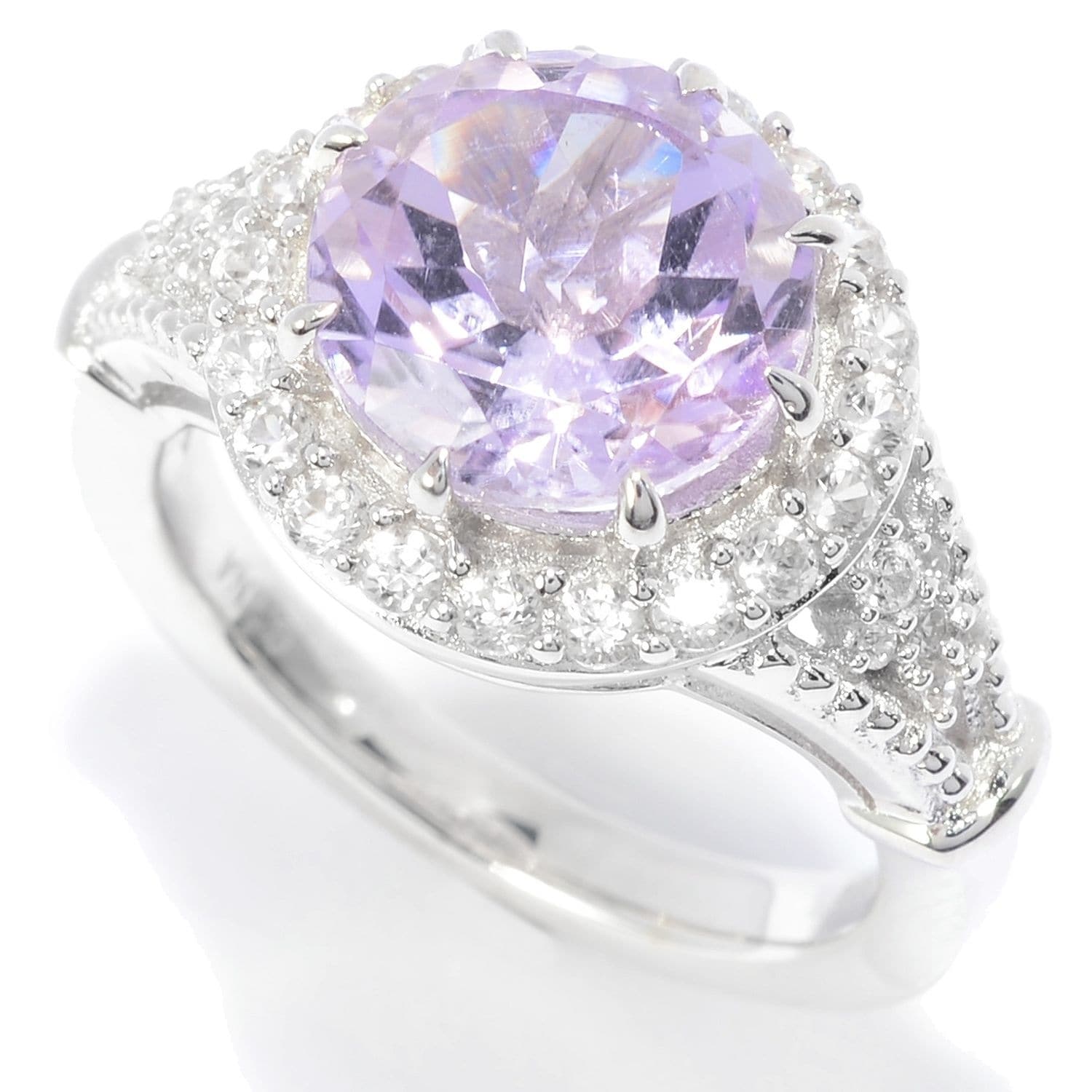 Pinctore Sterling Silver 10mm Round Pink Amethyst & White Zircon Halo Ring