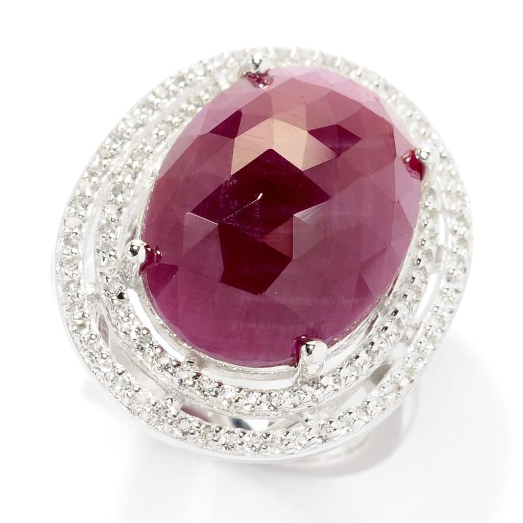 Sterling Silver Indian Ruby & White Topaz Double Halo Ring