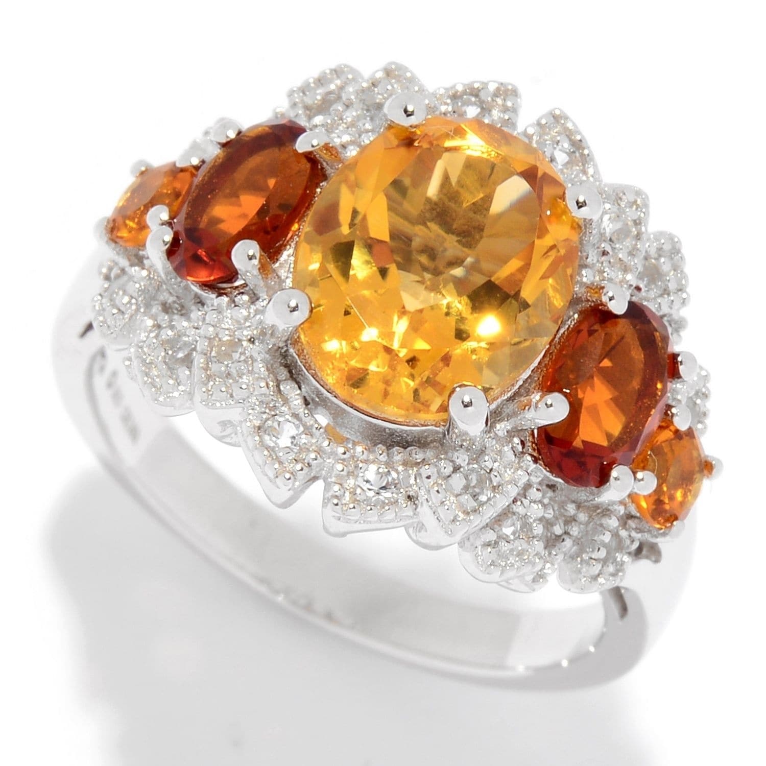Pinctore Sterling Silver Citrine & White Topaz Fancy Halo Ring