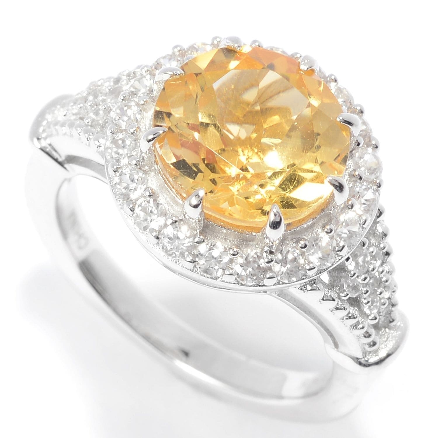 Pinctore Sterling Silver 10mm Round Citrine & White Zircon Halo Ring