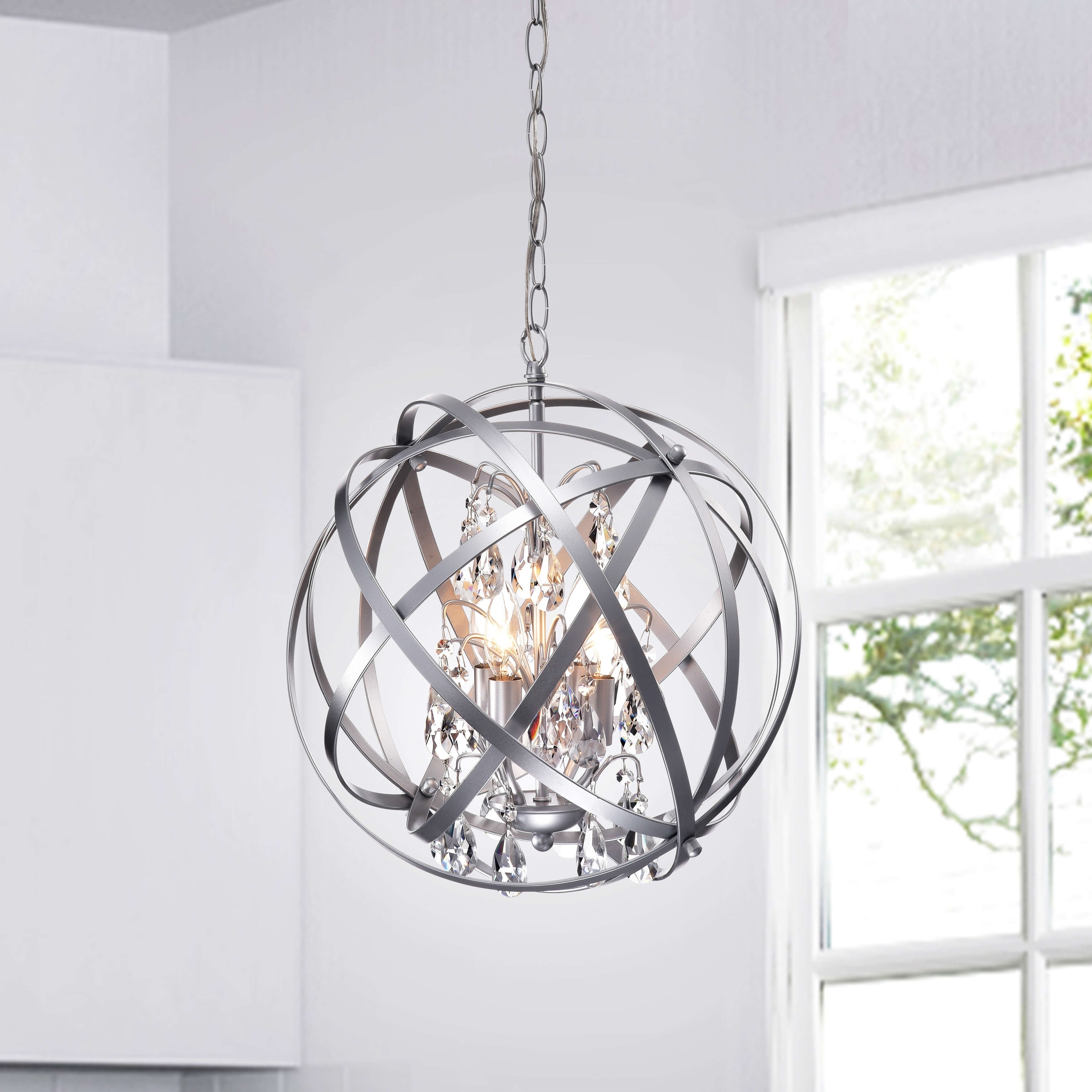 Benita Silver 4-Light Metal Globe Crystal Chandelier - Chandeliers For Bedrooms by Overstock.com