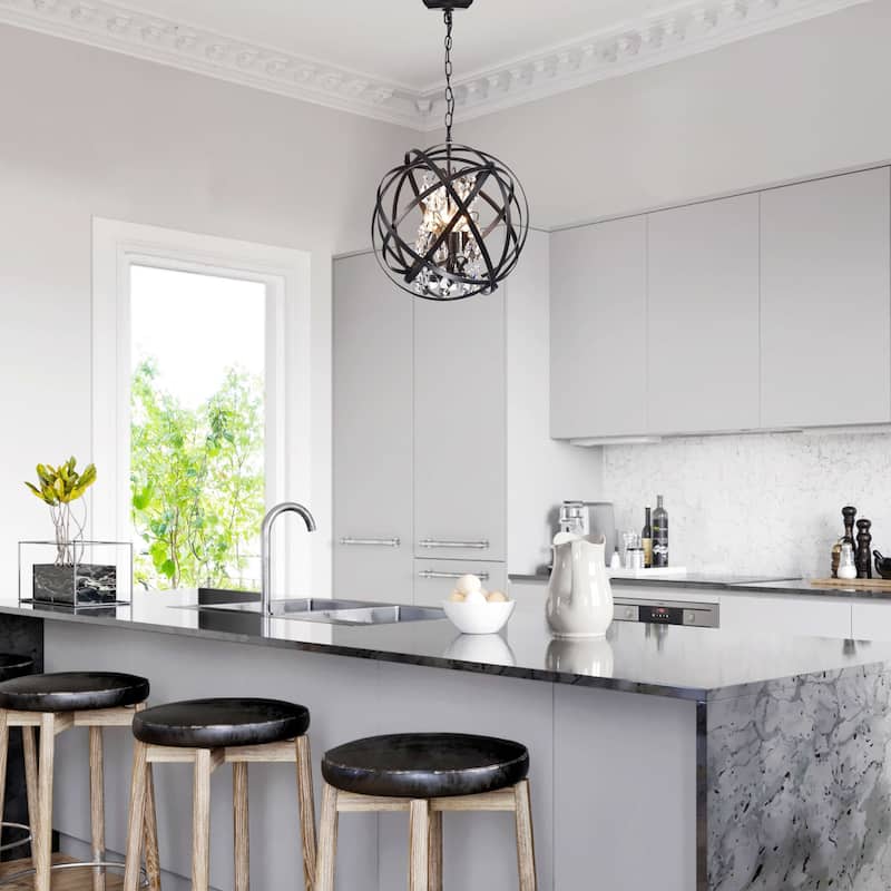 Benita Antique Black 4-Light Metal Globe Crystal Chandelier