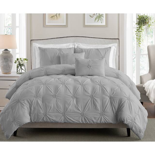 Home Essential Stylish Extra Plush Extra Soft Floral Pintuck Bedding Comforter Set - Grey - Twin - Twin XL