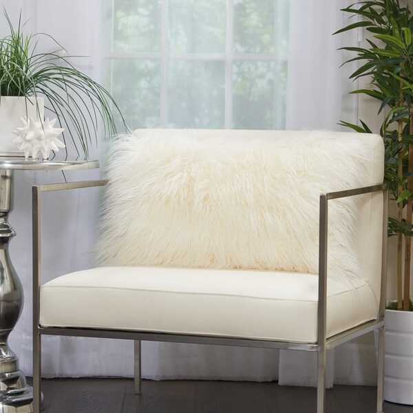 Mina Victory Plush Faux Fur White Lumbar Pillow (14 -Inch x 24 -Inch)