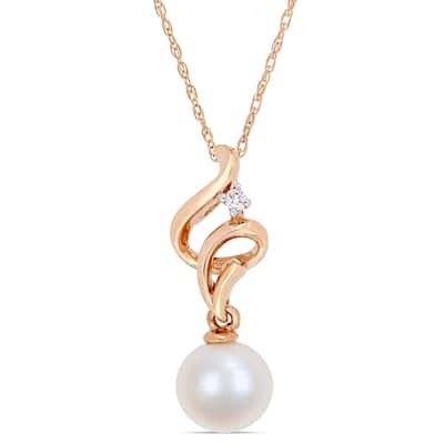 Miadora 10k Rose Gold Cultured Freshwater Pearl & Diamond Swirl Drop Necklace (7-8 mm)