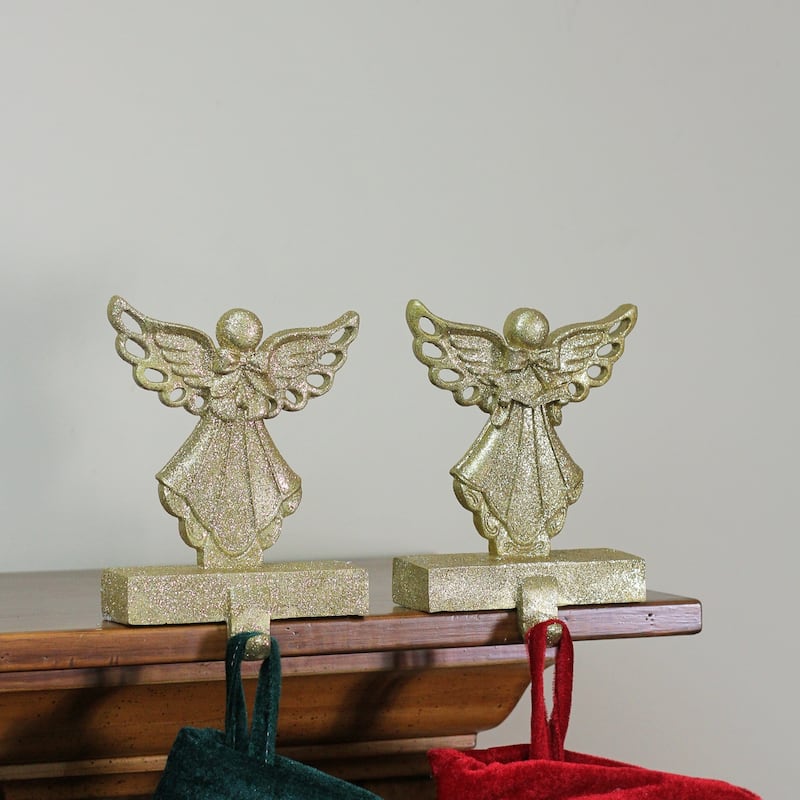 Set of 2 Gold Angel Glittered Christmas Stocking Holders 6.5"