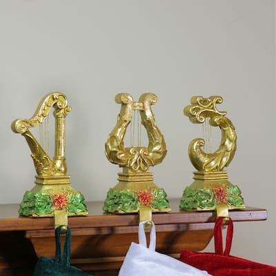 Set of 3 Glittered Gold Harp Christmas Stocking Holders 7"